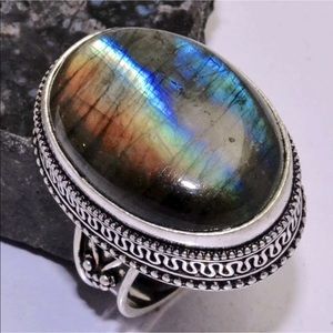 Large labradorite Tibetan silver ethnic style ring 9.5